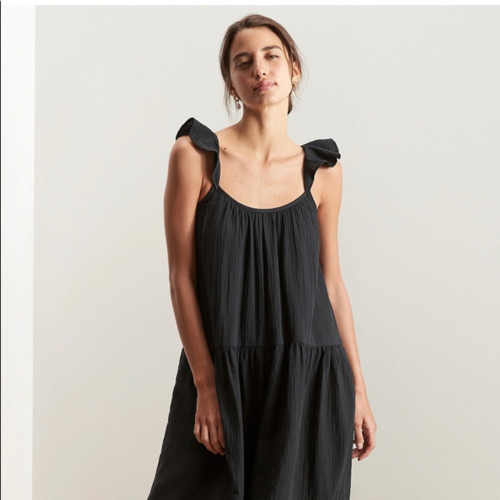 Frill-sleeve gauze tiered midi dress